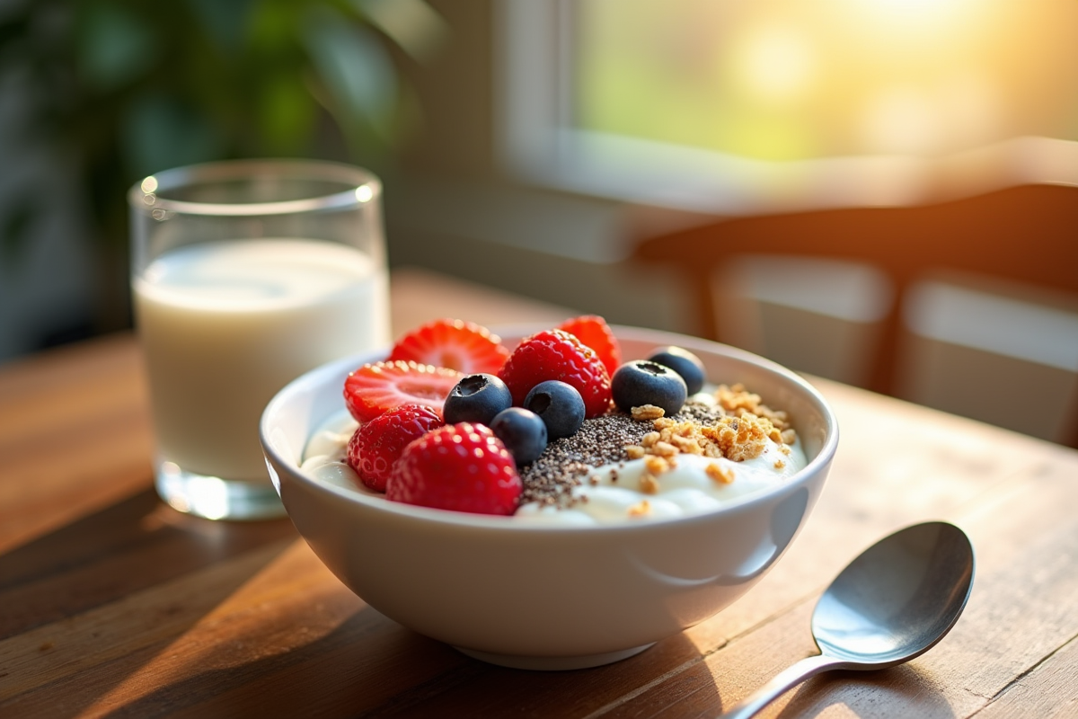 Bol de yogourt grec avec fruits rouges et graines