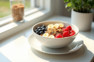 Bol de petit déjeuner sain avec yogourt et fruits frais