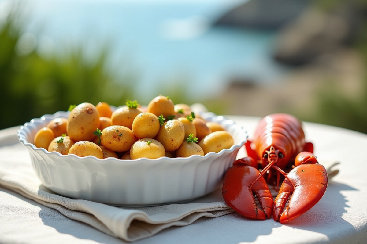 Gros plan sur pommes de terre et homard sur table extérieure