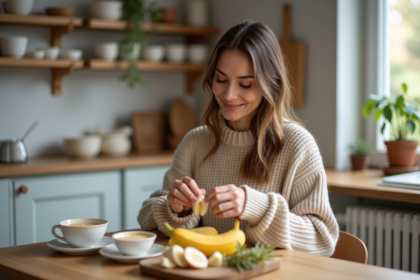 Femme en pull oatmeal dégustant un banane dans une cuisine chaleureuse