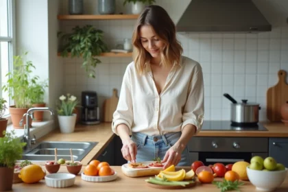 Jeune femme préparant un brunch dans une cuisine moderne