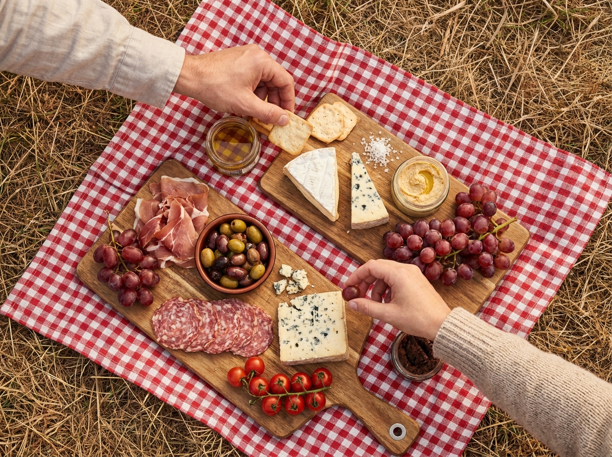 Vue aérienne d'un pique-nique estival avec planches de charcuterie, fromages, olives et fruits frais sur une nappe à carreaux dans l'herbe
