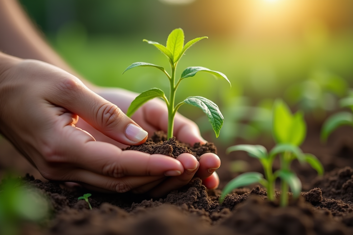 Main cultivant doucement des plants de fruits q dans un sol riche
