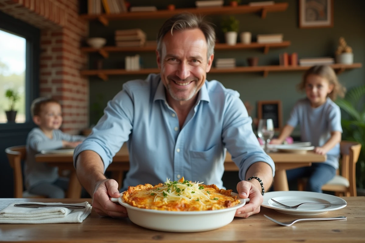 Homme servant un gratin d