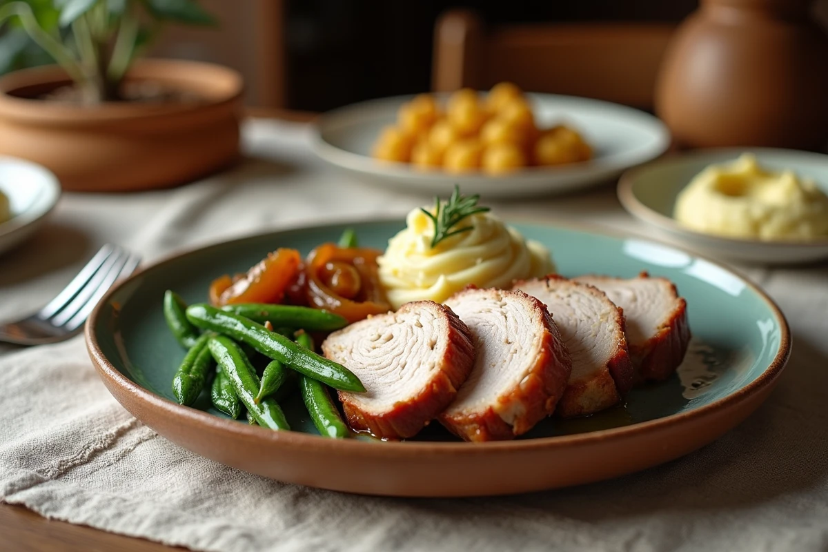 Assiette rustique de porc avec purée et légumes frais