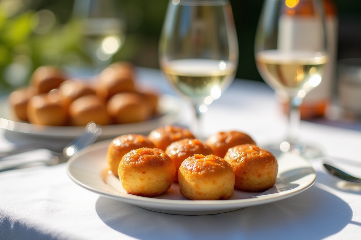 Cannelés au chorizo sur table avec verres de vin