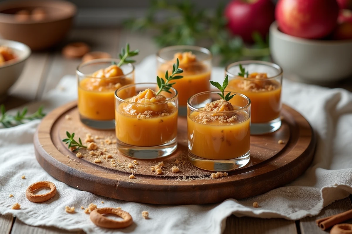 Plateau rustique en bois avec quatre verrines de pâte de fruit à la pomme garnies de thym et sucre cristallisé sur nappe en lin