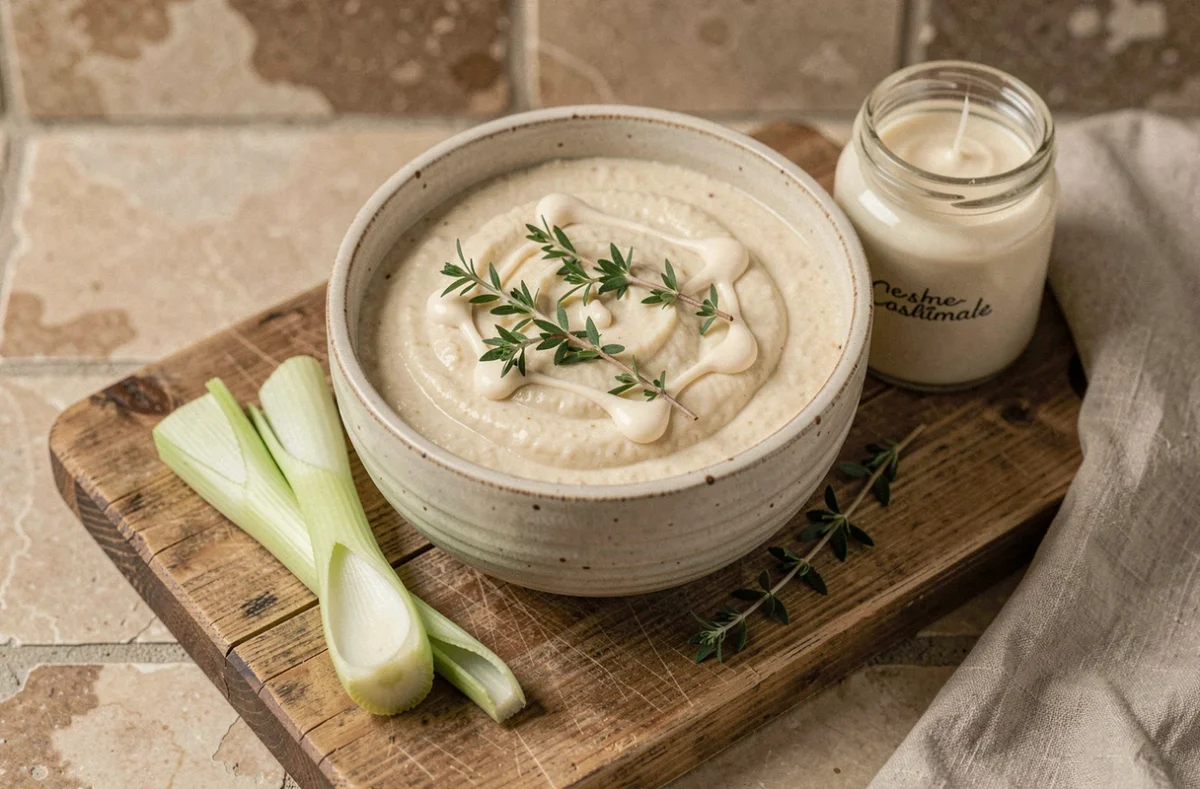 Bol de poireaux fondue sans lactose servi avec crème végétale et thym frais sur une planche en bois rustique