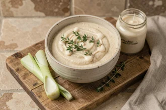 Bol de poireaux fondue sans lactose servi avec crème végétale et thym frais sur une planche en bois rustique