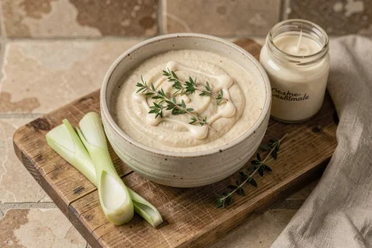 Bol de poireaux fondue sans lactose servi avec crème végétale et thym frais sur une planche en bois rustique