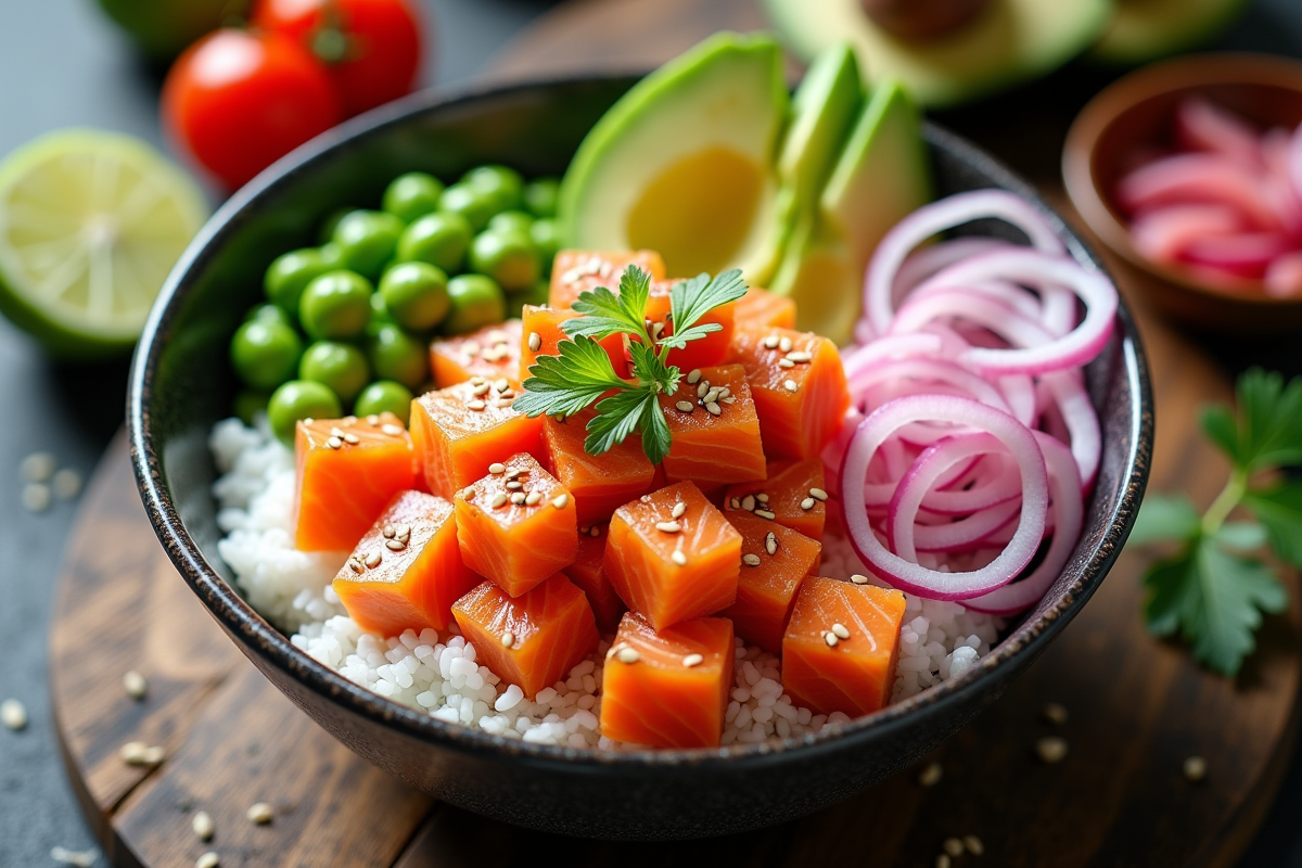 Bol poke au saumon avec avocat et légumes colorés