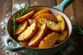 Pommes de terre au four dorées à l'huile d'olive dans un plat en céramique rustique avec romarin frais et sel de mer, vue de dessus