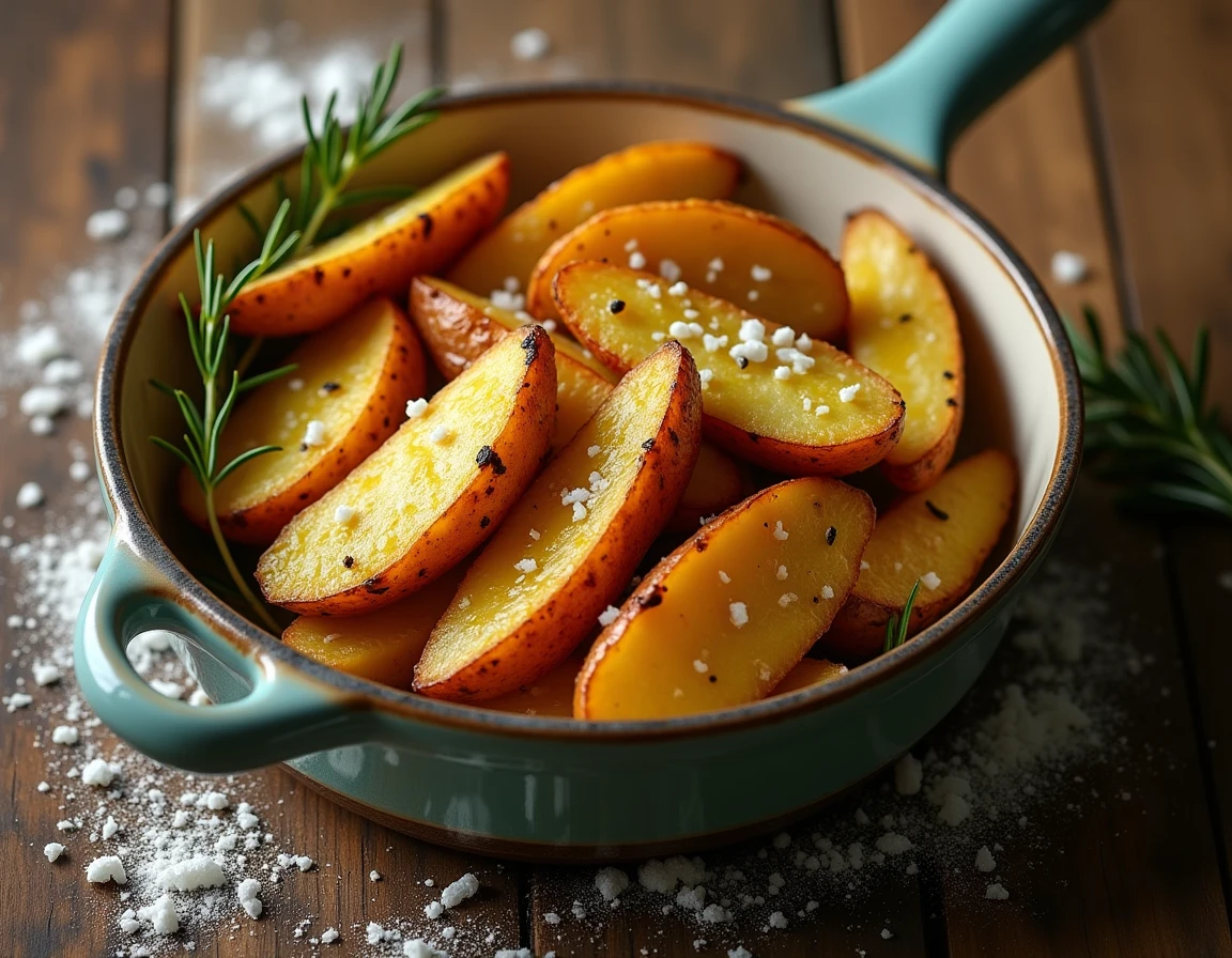 Pommes de terre au four dorées à l'huile d'olive dans un plat en céramique rustique avec romarin frais et sel de mer, vue de dessus