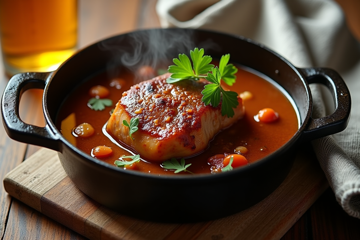 Côte de porc en sauce bière dans une cocotte vintage