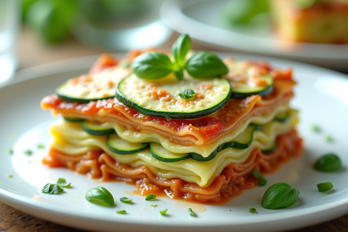 Part de lasagne de courgettes avec basilic frais et verre d
