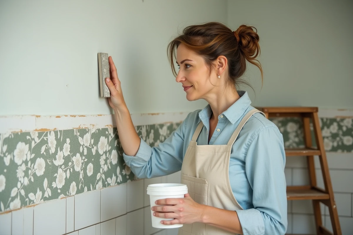 Femme posant un papier peint lessivable botanique vert sauge dans une cuisine en cours de rénovation remplaçant l'ancienne faïence