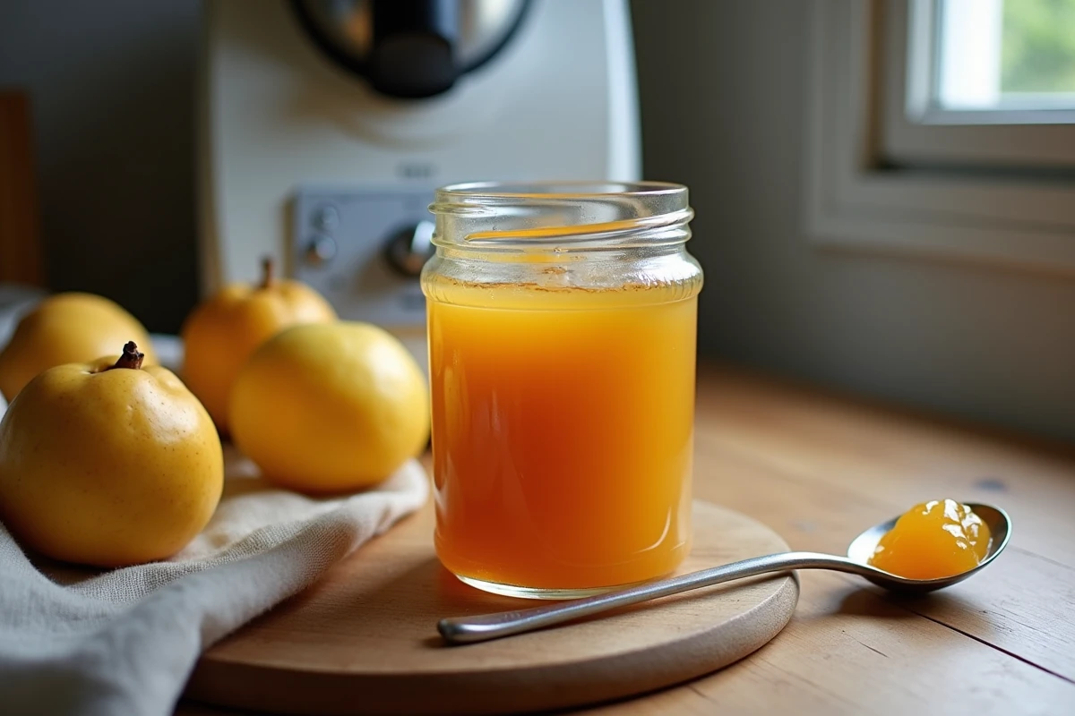 Pot de confiture de quinces sur table de cuisine