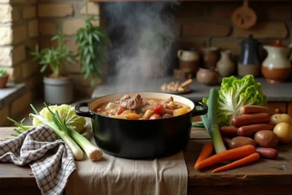 Grande cocotte en fonte émaillée remplie d'une potée de campagne traditionnelle avec légumes et charcuterie sur une table en bois rustique dans une cuisine de ferme