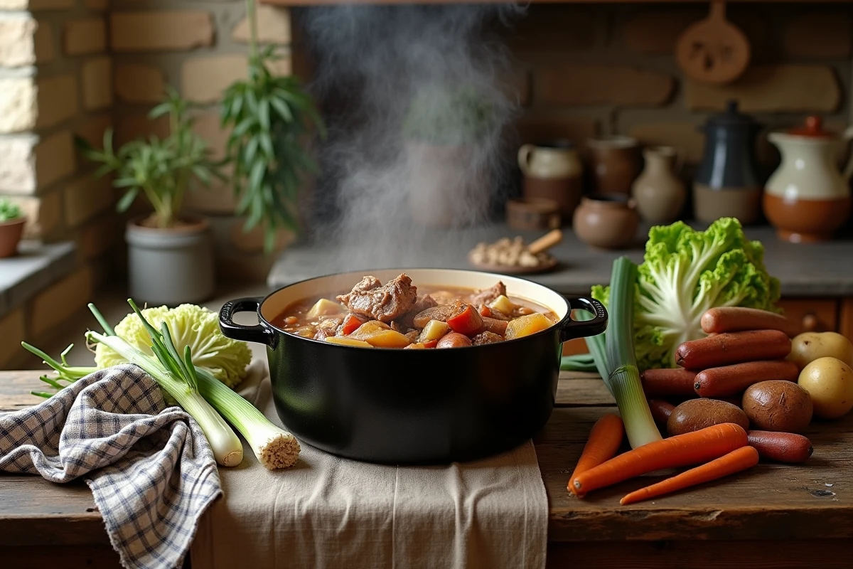 Grande cocotte en fonte émaillée remplie d'une potée de campagne traditionnelle avec légumes et charcuterie sur une table en bois rustique dans une cuisine de ferme