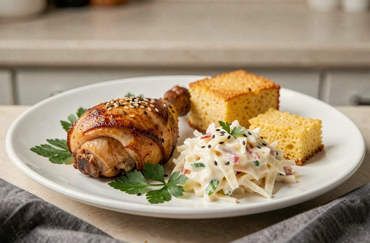 Gros plan d'un poulet croustillant servi avec coleslaw maison et cornbread sur assiette blanche