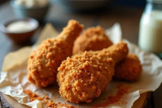 Poulet pané croustillant avec panure épicée façon KFC posé sur du papier sulfurisé et une planche en bois
