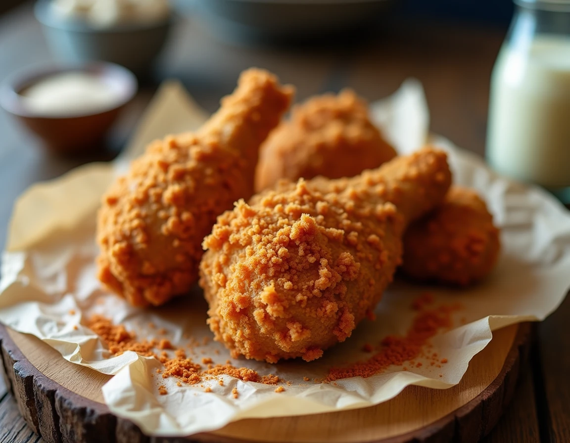 Poulet pané croustillant avec panure épicée façon KFC posé sur du papier sulfurisé et une planche en bois