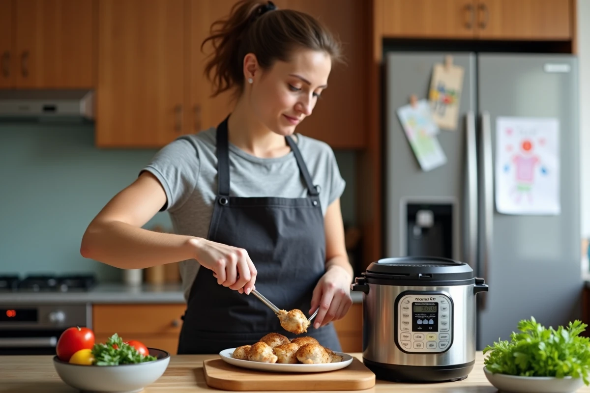 Femme préparant des cuisses de poulet dans un Cookeo en cuisine familiale moderne, ambiance repas quotidien