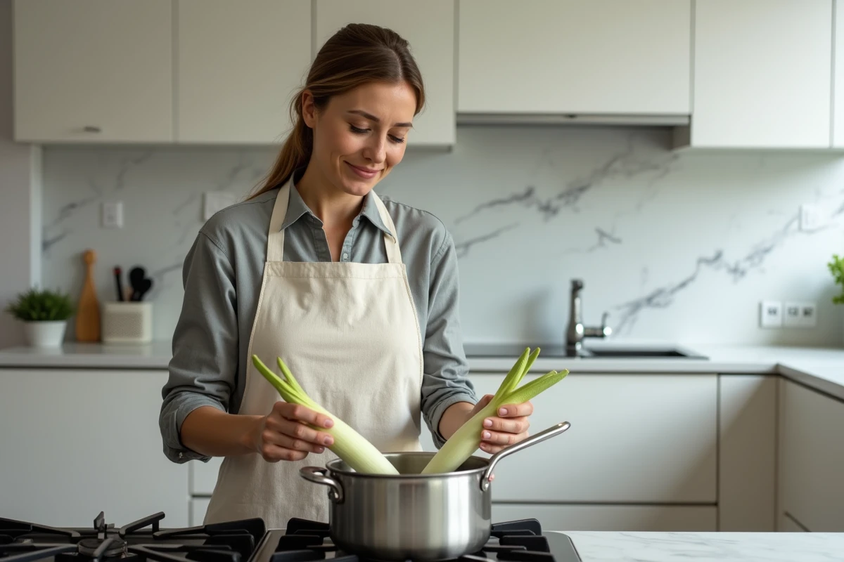 Femme en tablier déposant des endives coupées dans une cocotte minute sur une gazinière de cuisine moderne