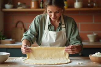 Femme préparant des feuilles de brick vegan sans lait ni œuf en étalant la pâte fine sur une planche en bois dans une cuisine artisanale