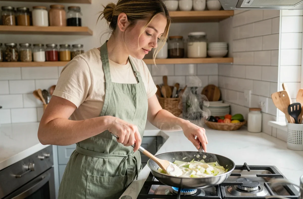 Femme préparant une fondue de poireaux végane dans une cuisine moderne en remuant une poêle crémeuse