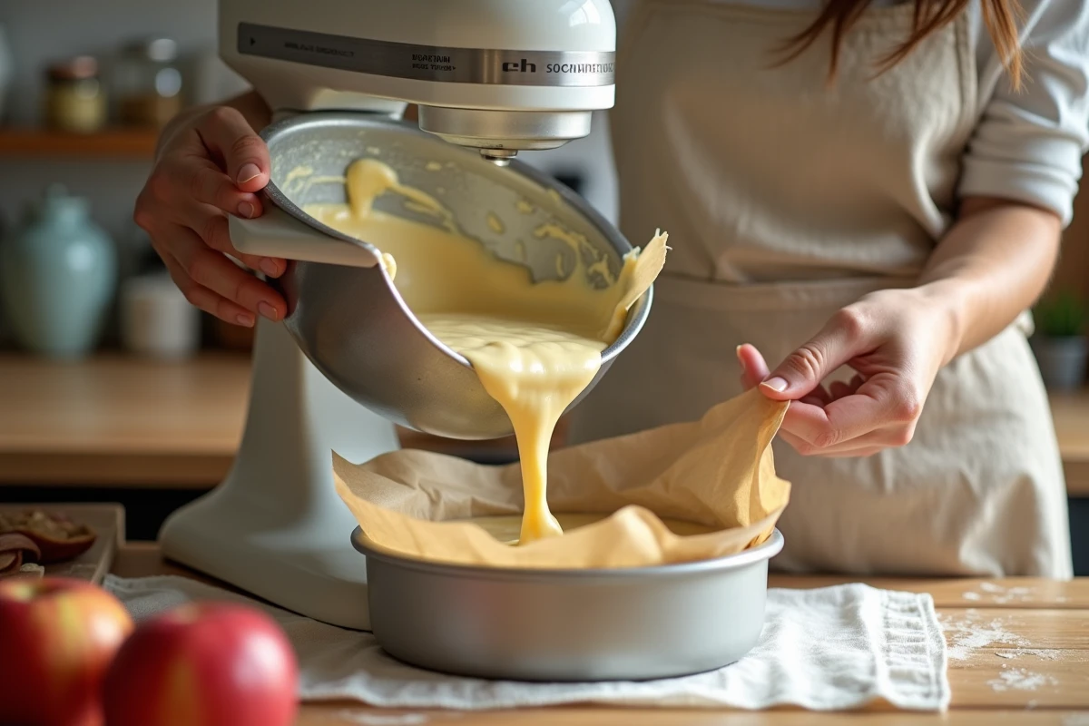 Femme versant la pâte à gâteau au yaourt et aux pommes dans un moule à cake dans une cuisine lumineuse avec un robot pâtissier en arrière-plan