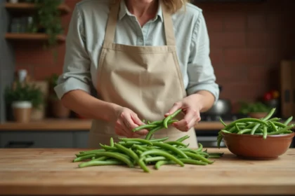 Femme préparant des haricots verts frais avant cuisson à la cocotte minute dans une cuisine rustique