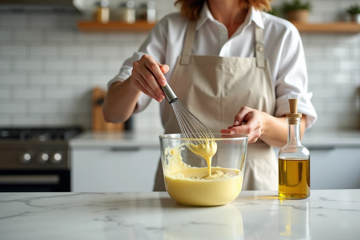 Femme préparant une mayonnaise maison en fouettant l'émulsion dans un bol en verre avec de l'huile d'olive