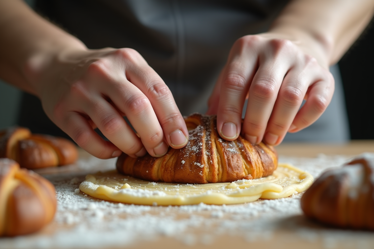 Mains d’un boulanger façonnant la pâte pour pain au chocolat