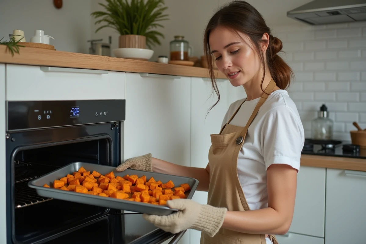 Femme enfournant un plat de patates douces rôties au miel dans un four domestique moderne