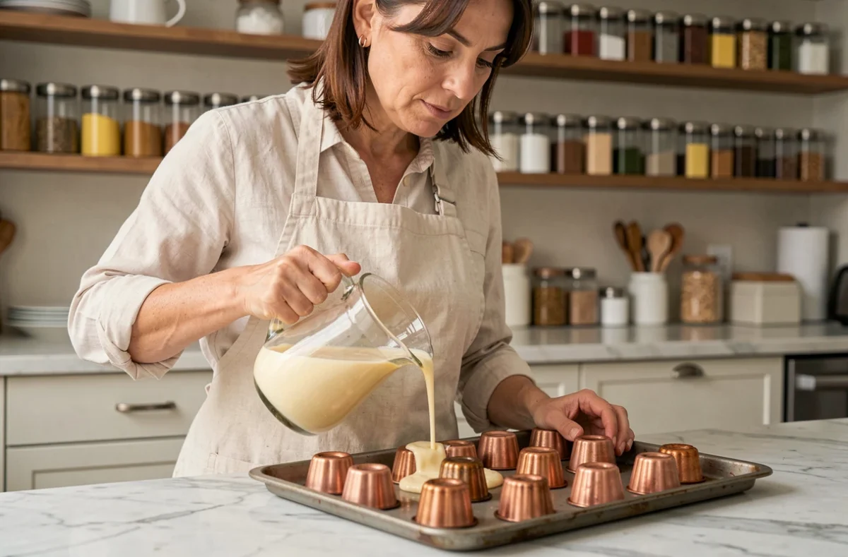 Femme versant la pâte à canelés dans des moules en cuivre traditionnels sur un plan de travail en marbre