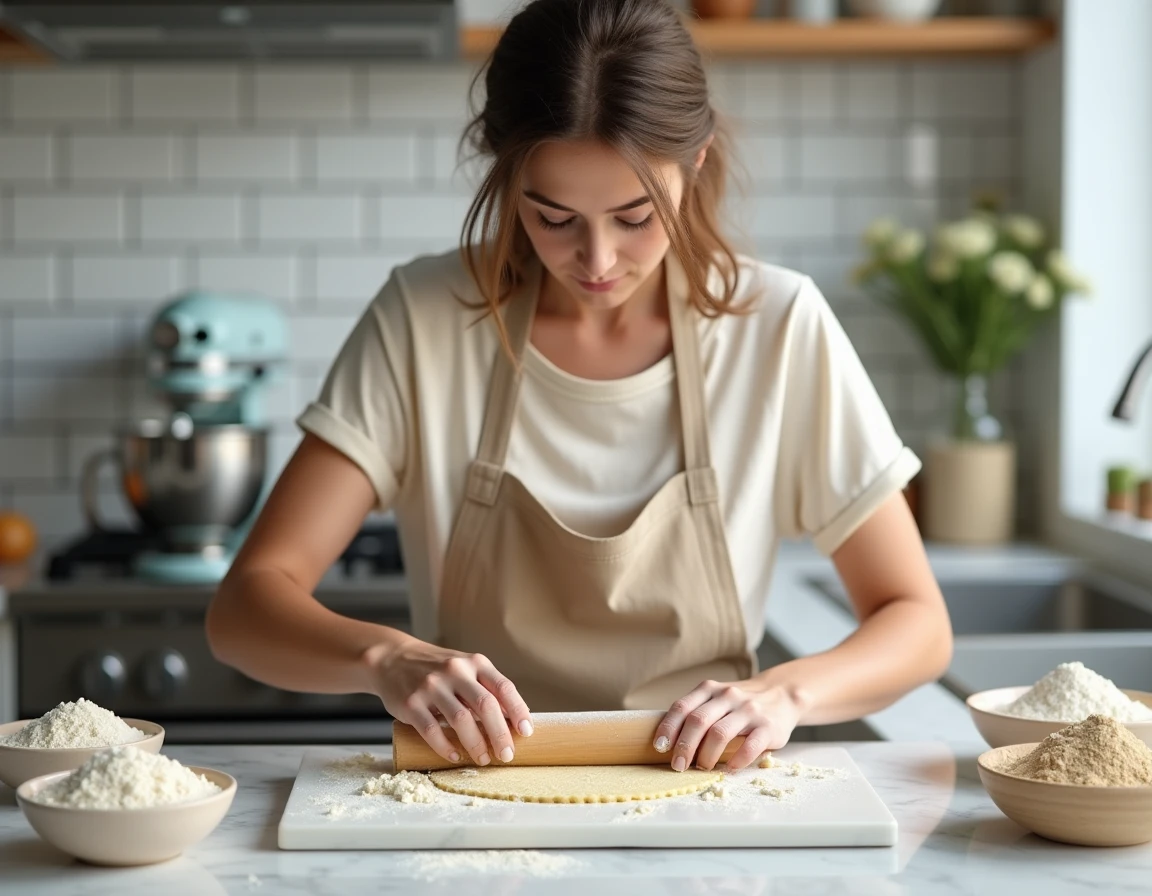 Femme préparant de la pâte à cookies sans gluten avec farines alternatives sur un plan de travail en marbre