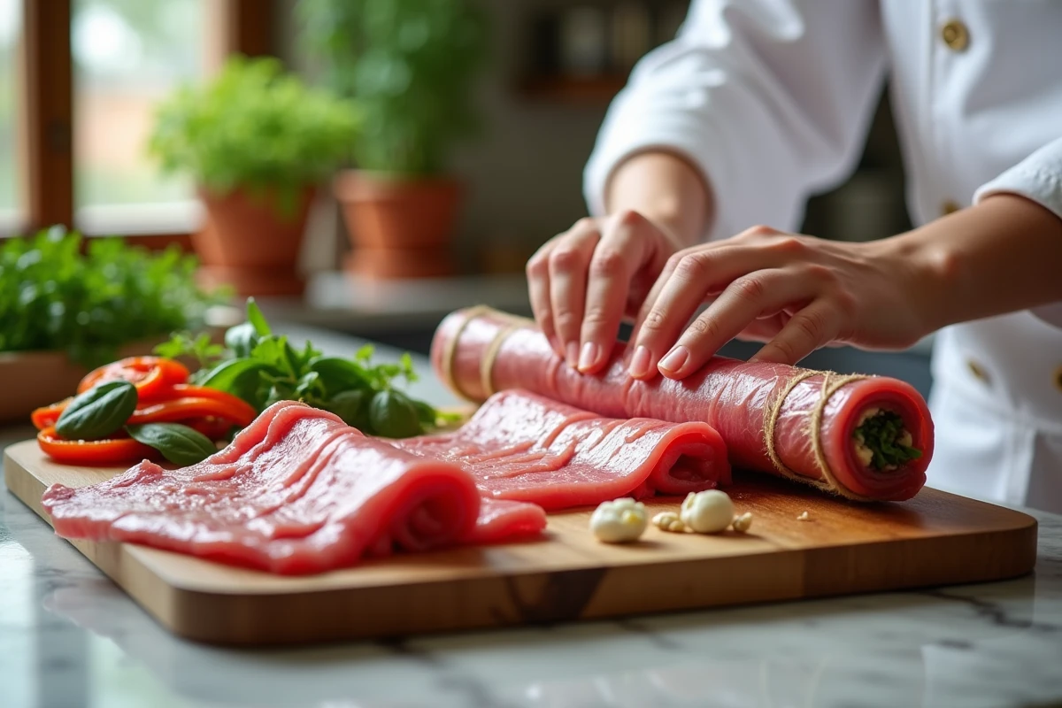 Préparation de paupiettes de veau avec farce méditerranéenne poivrons épinards pignons et feta sur planche en bois