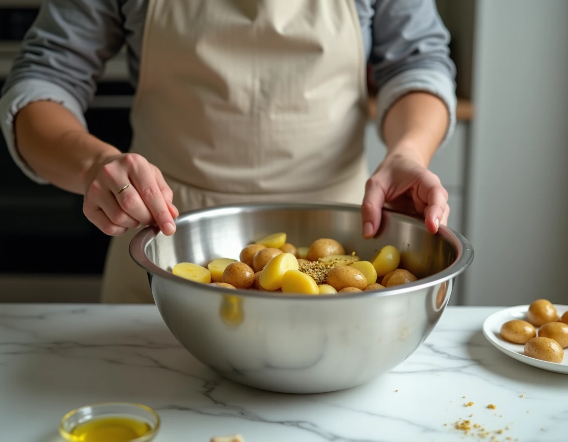 Cuisinier préparant des pommes de terre à l'huile d'olive dans un bol en inox sur un plan de travail en marbre blanc avant la cuisson au four