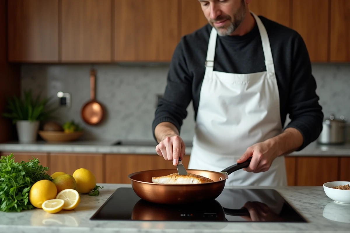 Cuisinier préparant une queue de lotte à la poêle pour un menu de Noël élégant et simple