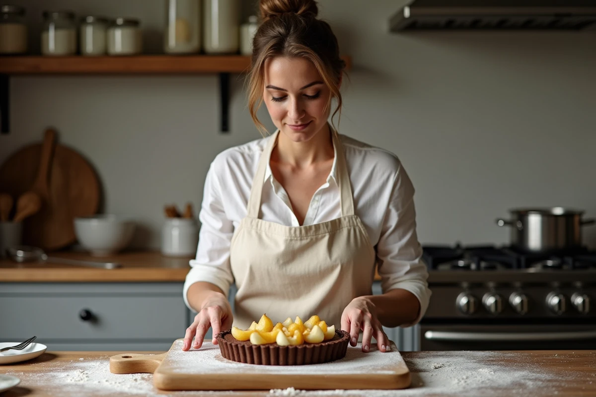 Femme en tablier déposant des tranches de poire sur une tarte au chocolat crue dans une cuisine maison authentique