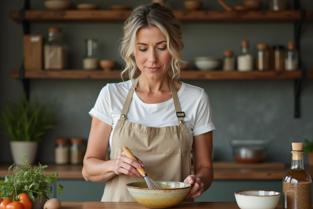 Femme préparant une vinaigrette maison en fouettant les ingrédients dans un bol en céramique