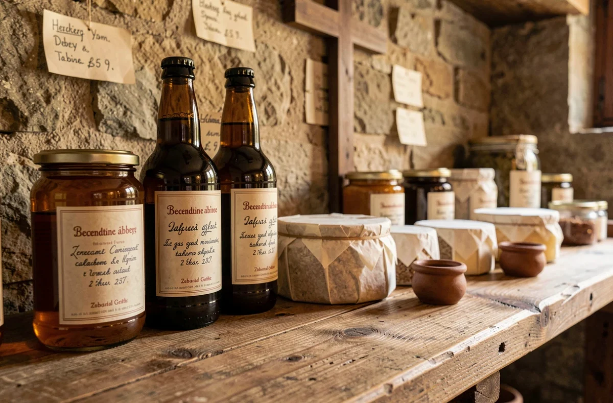 Produits artisanaux d'abbaye bénédictine : miel, bière et fromage sur étagère en bois rustique