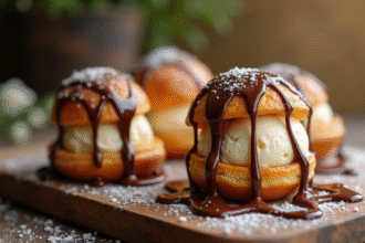 Profiteroles dorés garnis de glace à la vanille sur une table en bois