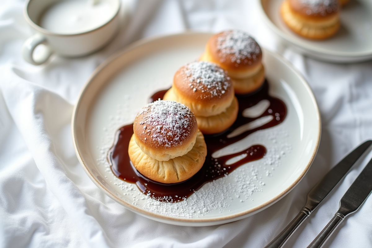 Gros plan sur un plateau de profiteroles avec sauce chocolat et sucre glace