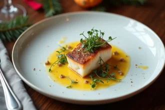 Queue de lotte en sauce safranée dressée sur une assiette de porcelaine blanche pour un repas de Noël gastronomique