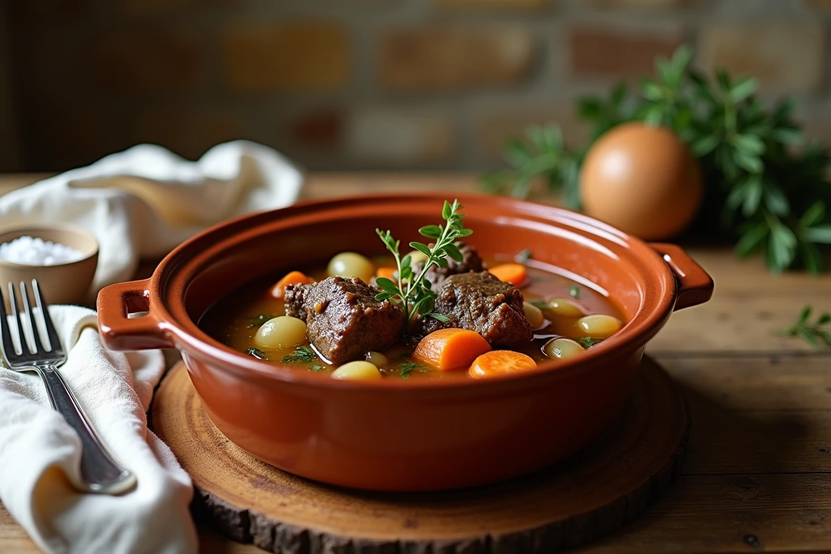 Ragoût d'agneau méditerranéen au thym et vin blanc servi dans une cocotte en terre cuite rustique sur une table en bois