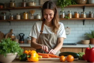 Femme préparant des légumes frais et économiques dans une cuisine simple et chaleureuse pour une recette budget