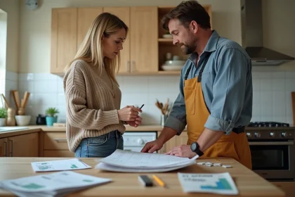 Femme et homme discutent plans de rénovation cuisine