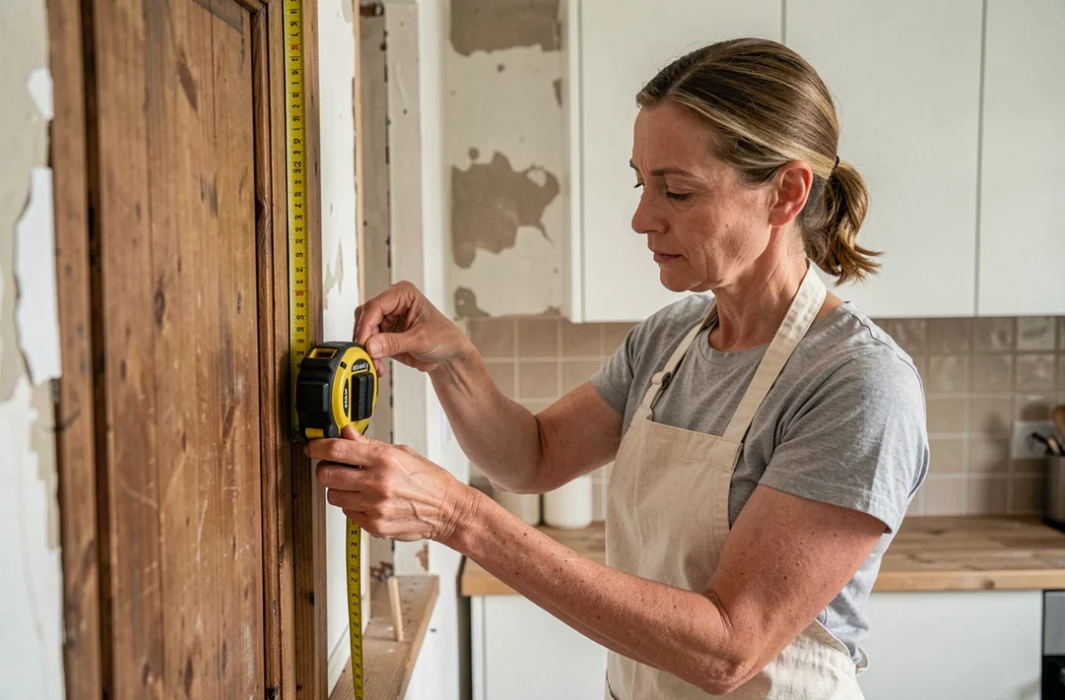 Femme mesurant un meuble de cuisine IKEA lors d'une rénovation partielle avec mélange d'anciens et nouveaux éléments